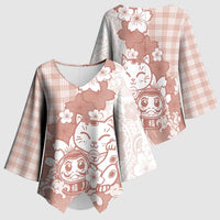 Beige Palaka Hawaiian And Japanese Kimono Sleeve Blouse Maneki Neko And Sakura Bloom DT05 - Polynesian Pride