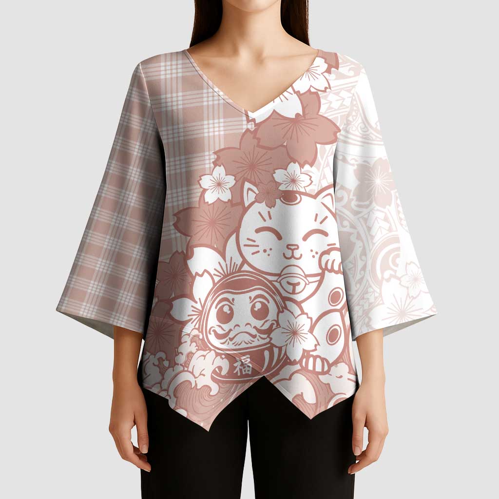 Beige Palaka Hawaiian And Japanese Kimono Sleeve Blouse Maneki Neko And Sakura Bloom DT05 - Polynesian Pride