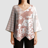 Beige Palaka Hawaiian And Japanese Kimono Sleeve Blouse Maneki Neko And Sakura Bloom DT05 - Polynesian Pride
