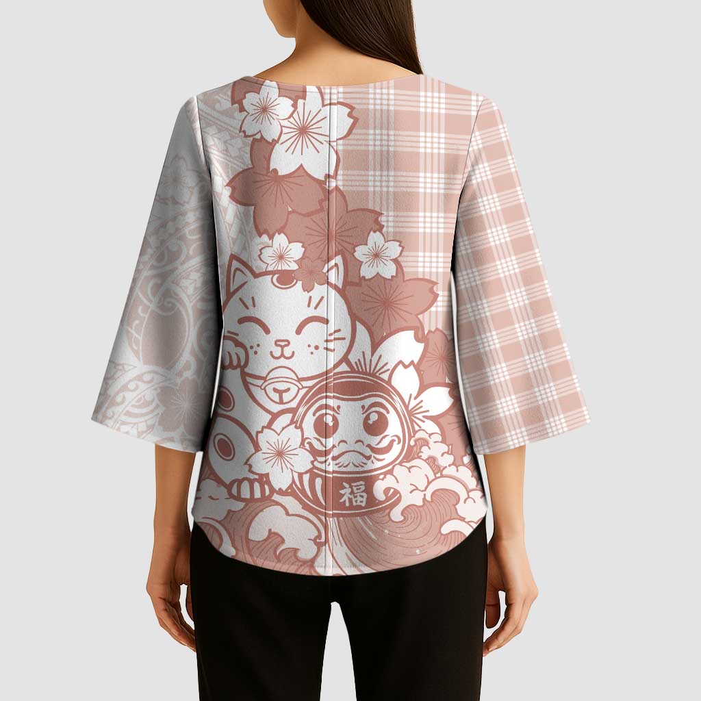 Beige Palaka Hawaiian And Japanese Kimono Sleeve Blouse Maneki Neko And Sakura Bloom DT05 - Polynesian Pride
