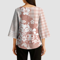 Beige Palaka Hawaiian And Japanese Kimono Sleeve Blouse Maneki Neko And Sakura Bloom DT05 - Polynesian Pride