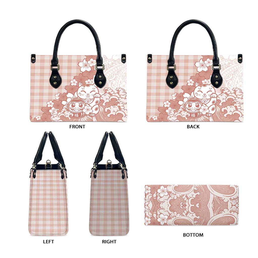 Beige Palaka Hawaiian And Japanese Leather Bag Maneki Neko And Sakura Bloom DT05 - Polynesian Pride