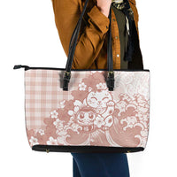 Beige Palaka Hawaiian And Japanese Leather Tote Bag Maneki Neko And Sakura Bloom