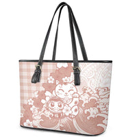 Beige Palaka Hawaiian And Japanese Leather Tote Bag Maneki Neko And Sakura Bloom