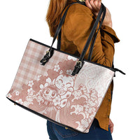 Beige Palaka Hawaiian And Japanese Leather Tote Bag Maneki Neko And Sakura Bloom