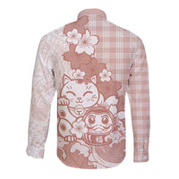Beige Palaka Hawaiian And Japanese Long Sleeve Button Shirt Maneki Neko And Sakura Bloom