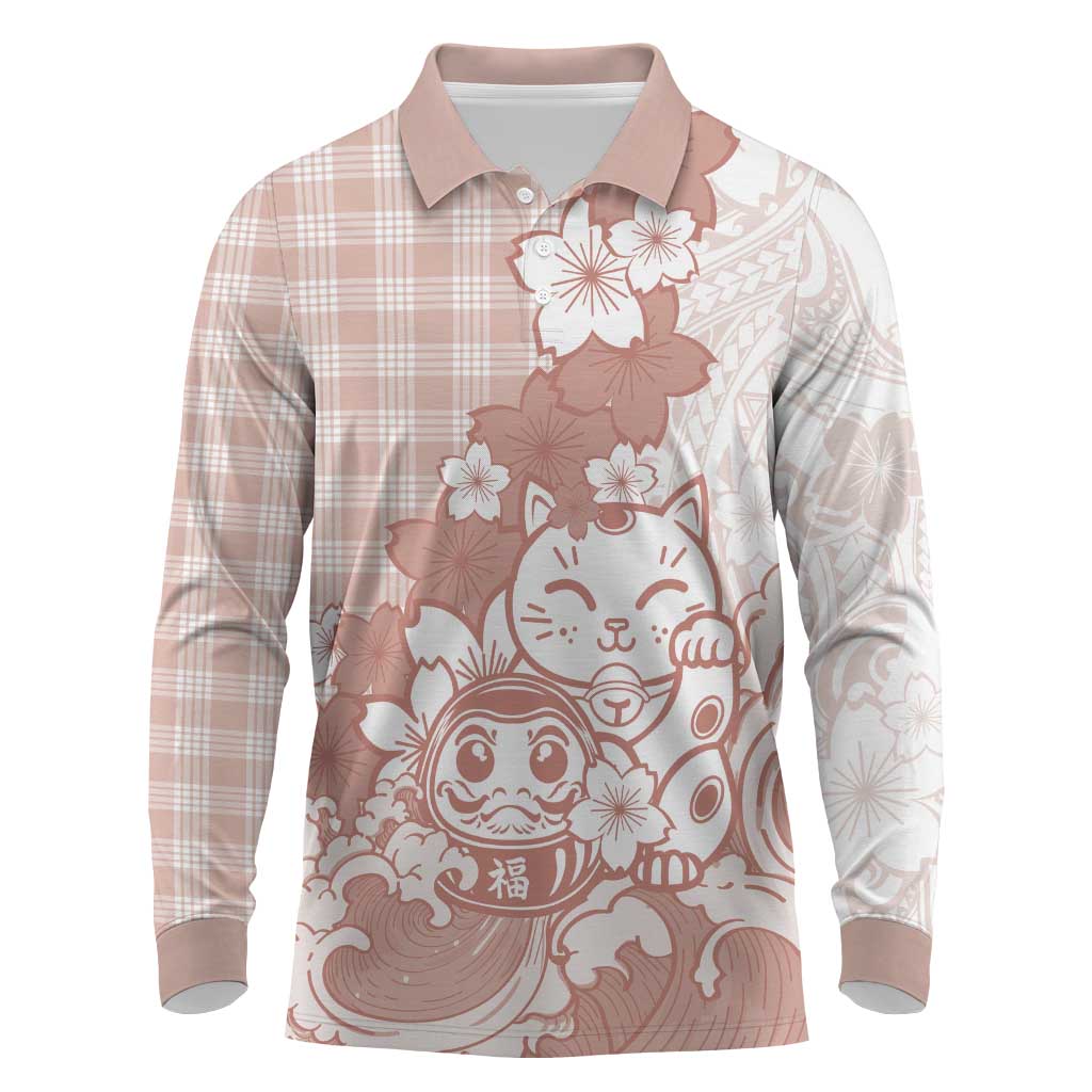 Beige Palaka Hawaiian And Japanese Long Sleeve Polo Shirt Maneki Neko And Sakura Bloom DT05 Beige - Polynesian Pride