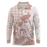 Beige Palaka Hawaiian And Japanese Long Sleeve Polo Shirt Maneki Neko And Sakura Bloom DT05 Beige - Polynesian Pride