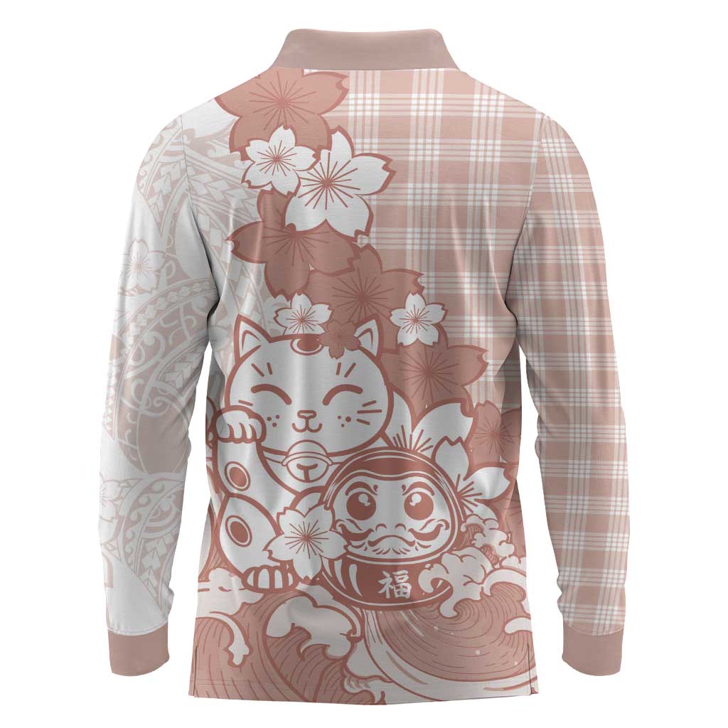 Beige Palaka Hawaiian And Japanese Long Sleeve Polo Shirt Maneki Neko And Sakura Bloom DT05 - Polynesian Pride