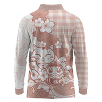 Beige Palaka Hawaiian And Japanese Long Sleeve Polo Shirt Maneki Neko And Sakura Bloom DT05 - Polynesian Pride