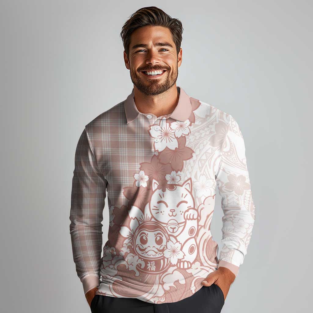 Beige Palaka Hawaiian And Japanese Long Sleeve Polo Shirt Maneki Neko And Sakura Bloom DT05 - Polynesian Pride