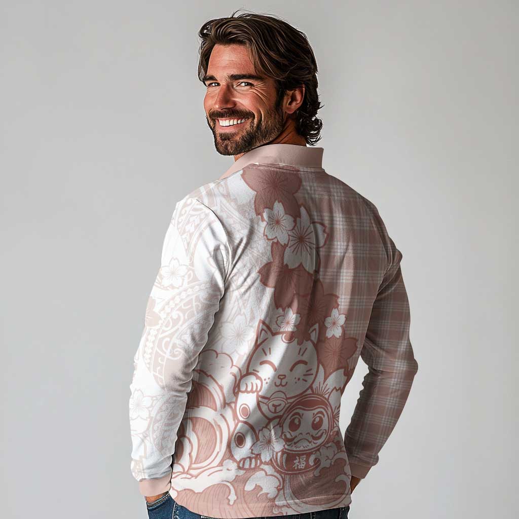 Beige Palaka Hawaiian And Japanese Long Sleeve Polo Shirt Maneki Neko And Sakura Bloom DT05 - Polynesian Pride