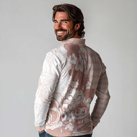 Beige Palaka Hawaiian And Japanese Long Sleeve Polo Shirt Maneki Neko And Sakura Bloom DT05 - Polynesian Pride