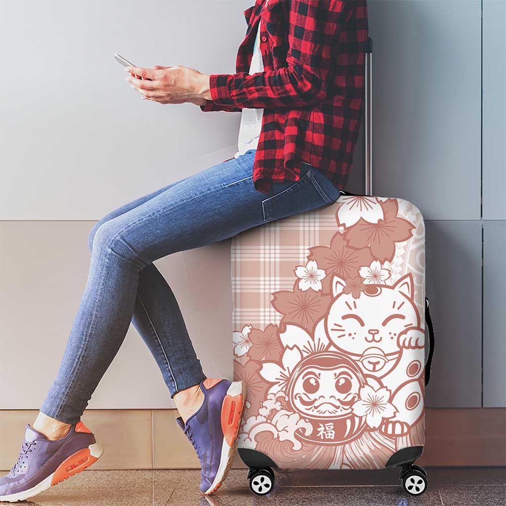 Beige Palaka Hawaiian And Japanese Luggage Cover Maneki Neko And Sakura Bloom