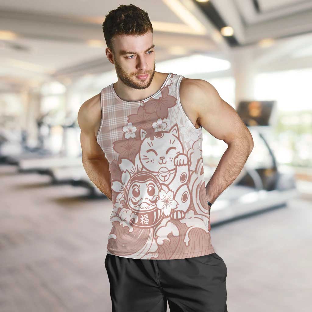 Beige Palaka Hawaiian And Japanese Men Tank Top Maneki Neko And Sakura Bloom