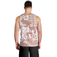 Beige Palaka Hawaiian And Japanese Men Tank Top Maneki Neko And Sakura Bloom