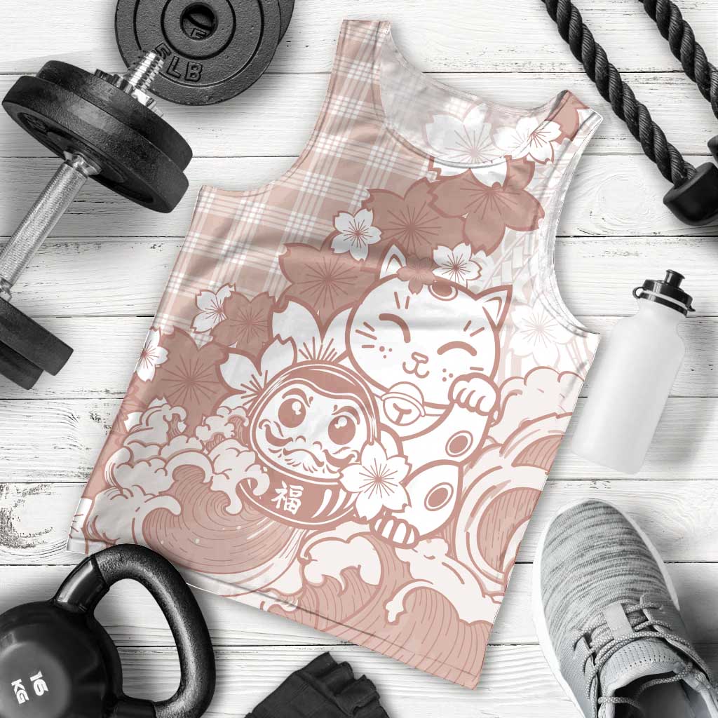 Beige Palaka Hawaiian And Japanese Men Tank Top Maneki Neko And Sakura Bloom