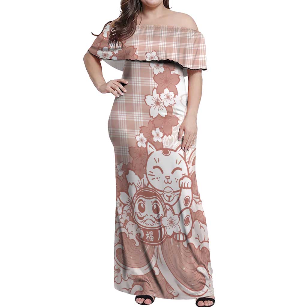 Beige Palaka Hawaiian And Japanese Off Shoulder Maxi Dress Maneki Neko And Sakura Bloom