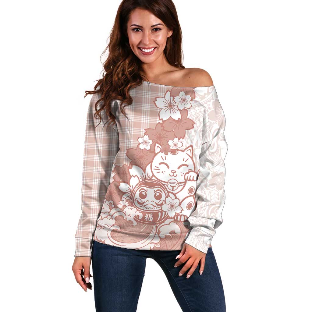 Beige Palaka Hawaiian And Japanese Off Shoulder Sweater Maneki Neko And Sakura Bloom