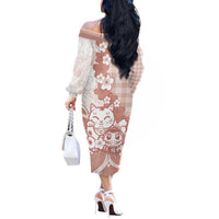 Beige Palaka Hawaiian And Japanese Off The Shoulder Long Sleeve Dress Maneki Neko And Sakura Bloom