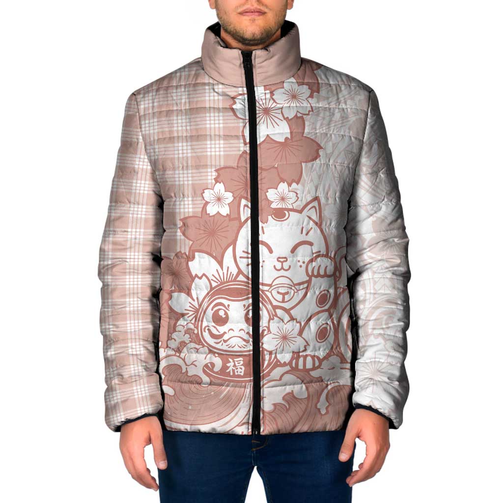 Beige Palaka Hawaiian And Japanese Padded Jacket Maneki Neko And Sakura Bloom