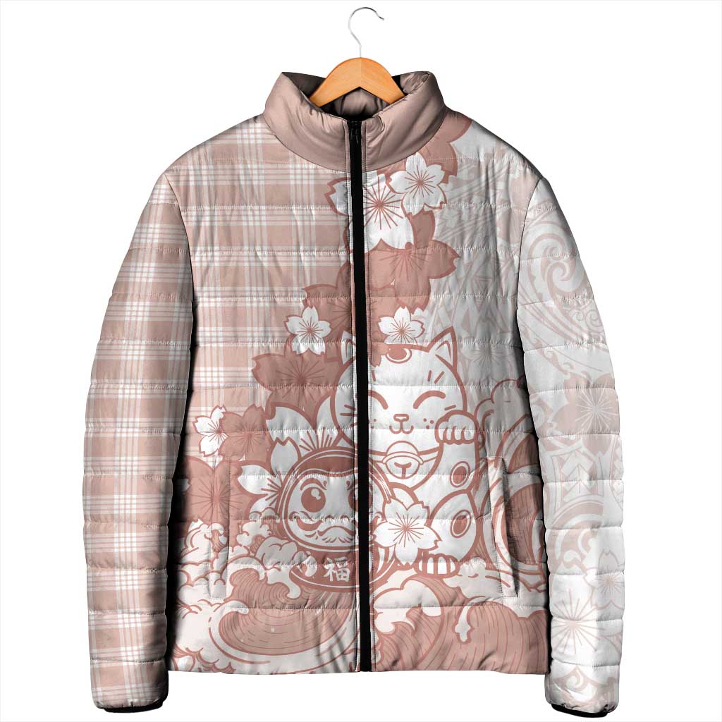 Beige Palaka Hawaiian And Japanese Padded Jacket Maneki Neko And Sakura Bloom