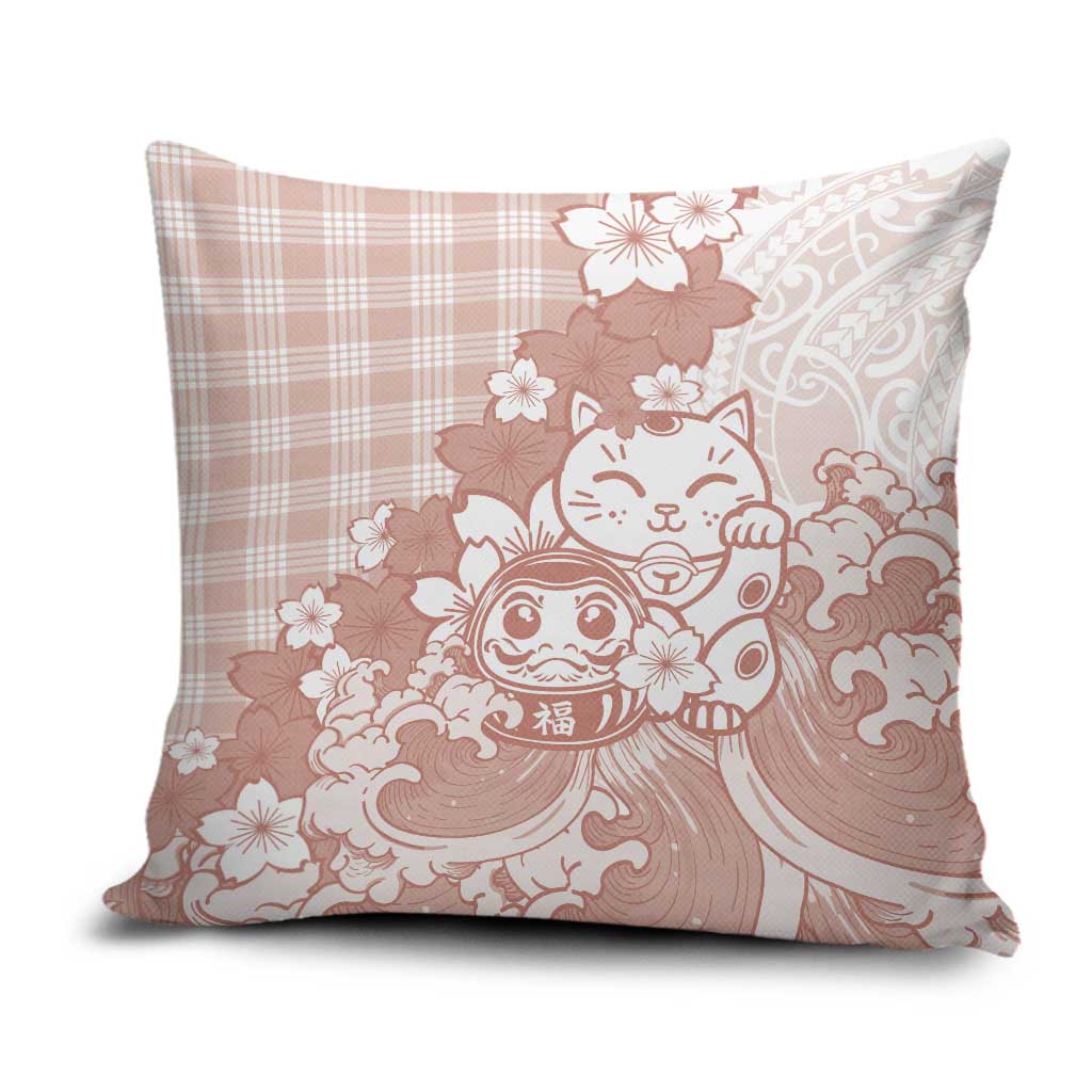 Beige Palaka Hawaiian And Japanese Pillow Cover Maneki Neko And Sakura Bloom DT05 Beige - Polynesian Pride