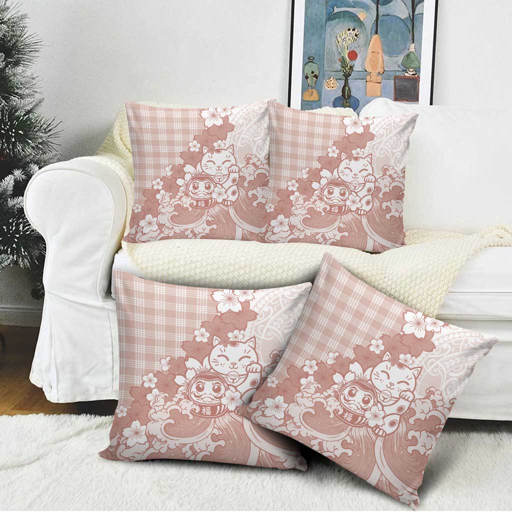 Beige Palaka Hawaiian And Japanese Pillow Cover Maneki Neko And Sakura Bloom DT05 - Polynesian Pride