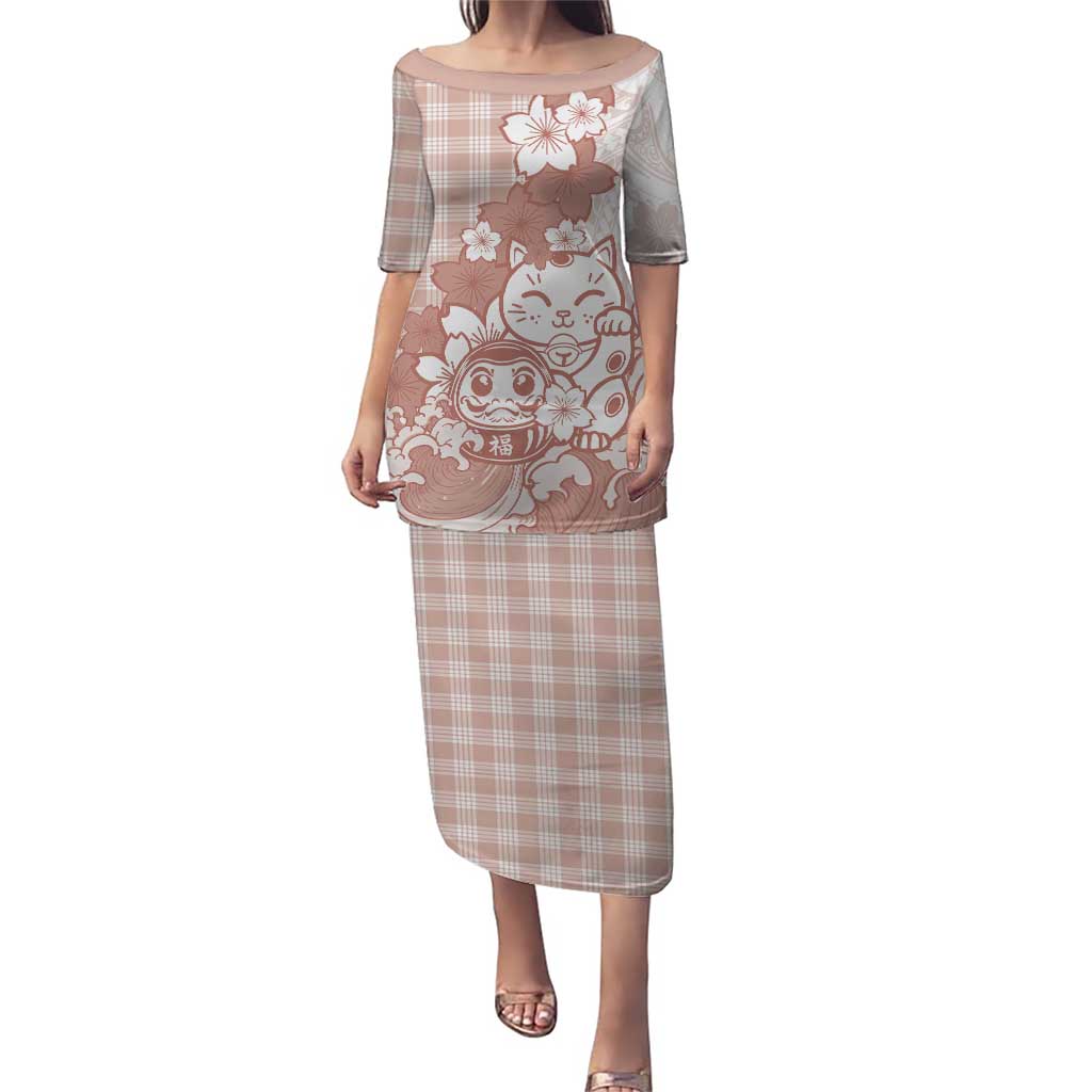 Beige Palaka Hawaiian And Japanese Puletasi Maneki Neko And Sakura Bloom DT05 Long Dress Beige - Polynesian Pride