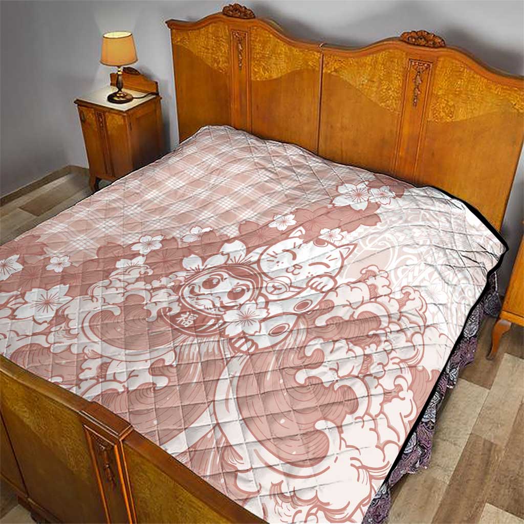 Beige Palaka Hawaiian And Japanese Quilt Maneki Neko And Sakura Bloom DT05 - Polynesian Pride