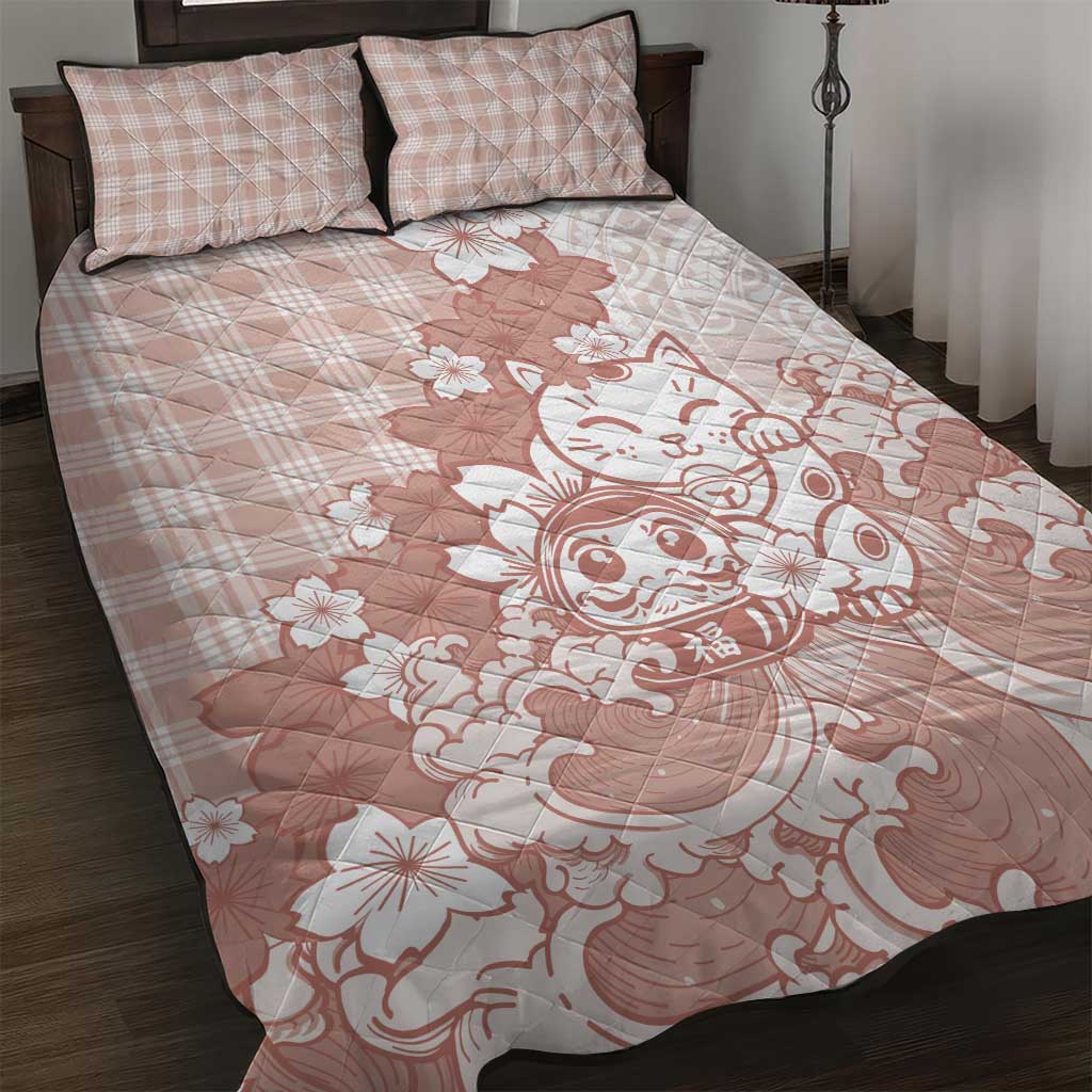 Beige Palaka Hawaiian And Japanese Quilt Bed Set Maneki Neko And Sakura Bloom DT05 Beige - Polynesian Pride
