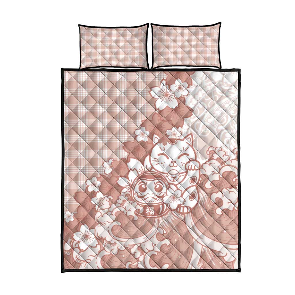 Beige Palaka Hawaiian And Japanese Quilt Bed Set Maneki Neko And Sakura Bloom DT05 - Polynesian Pride