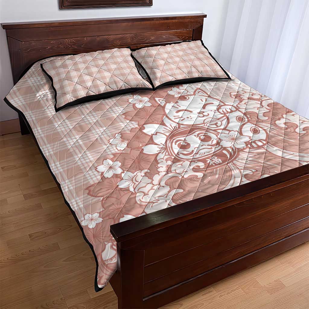 Beige Palaka Hawaiian And Japanese Quilt Bed Set Maneki Neko And Sakura Bloom DT05 - Polynesian Pride
