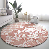 Beige Palaka Hawaiian And Japanese Round Carpet Maneki Neko And Sakura Bloom