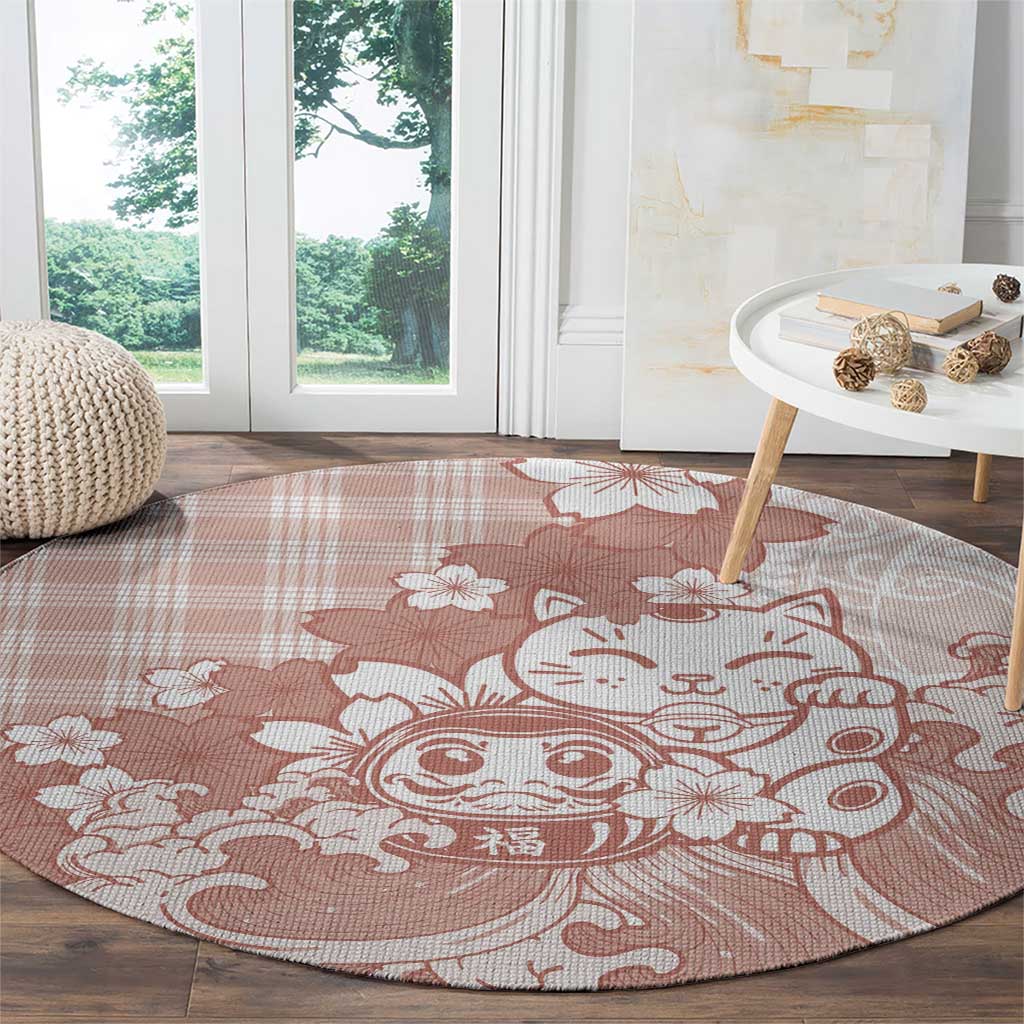 Beige Palaka Hawaiian And Japanese Round Carpet Maneki Neko And Sakura Bloom