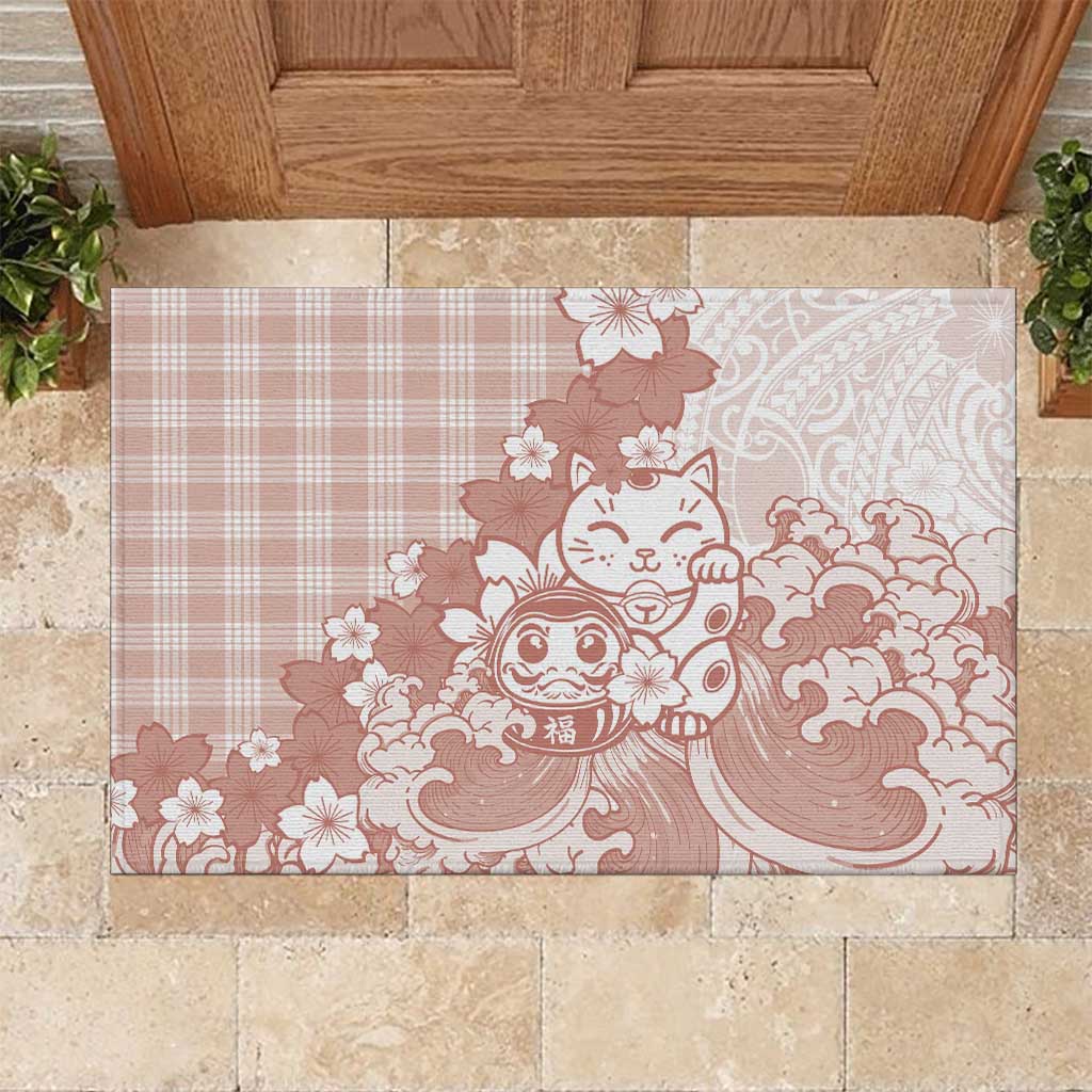 Beige Palaka Hawaiian And Japanese Rubber Doormat Maneki Neko And Sakura Bloom DT05 Beige - Polynesian Pride