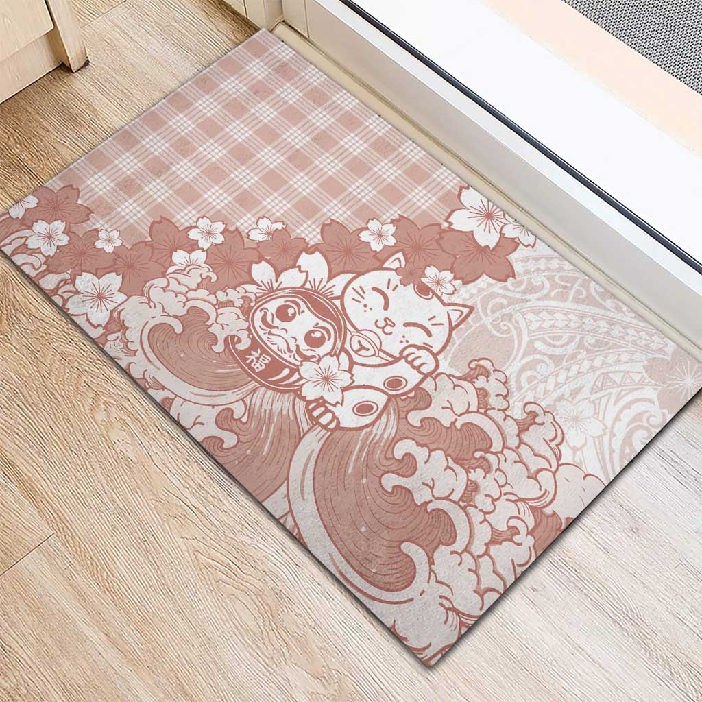 Beige Palaka Hawaiian And Japanese Rubber Doormat Maneki Neko And Sakura Bloom DT05 - Polynesian Pride