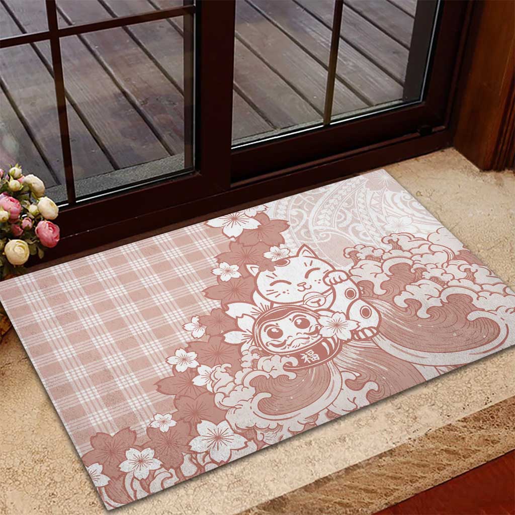 Beige Palaka Hawaiian And Japanese Rubber Doormat Maneki Neko And Sakura Bloom DT05 - Polynesian Pride