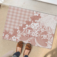 Beige Palaka Hawaiian And Japanese Rubber Doormat Maneki Neko And Sakura Bloom DT05 - Polynesian Pride