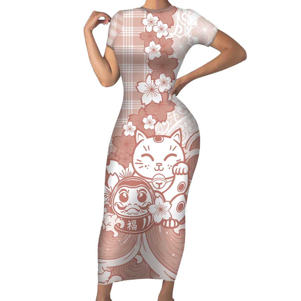 Beige Palaka Hawaiian And Japanese Short Sleeve Bodycon Dress Maneki Neko And Sakura Bloom