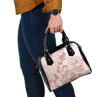 Beige Palaka Hawaiian And Japanese Shoulder Handbag Maneki Neko And Sakura Bloom