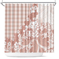 Beige Palaka Hawaiian And Japanese Shower Curtain Maneki Neko And Sakura Bloom
