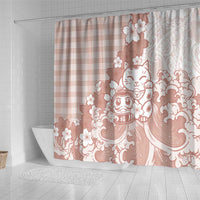 Beige Palaka Hawaiian And Japanese Shower Curtain Maneki Neko And Sakura Bloom