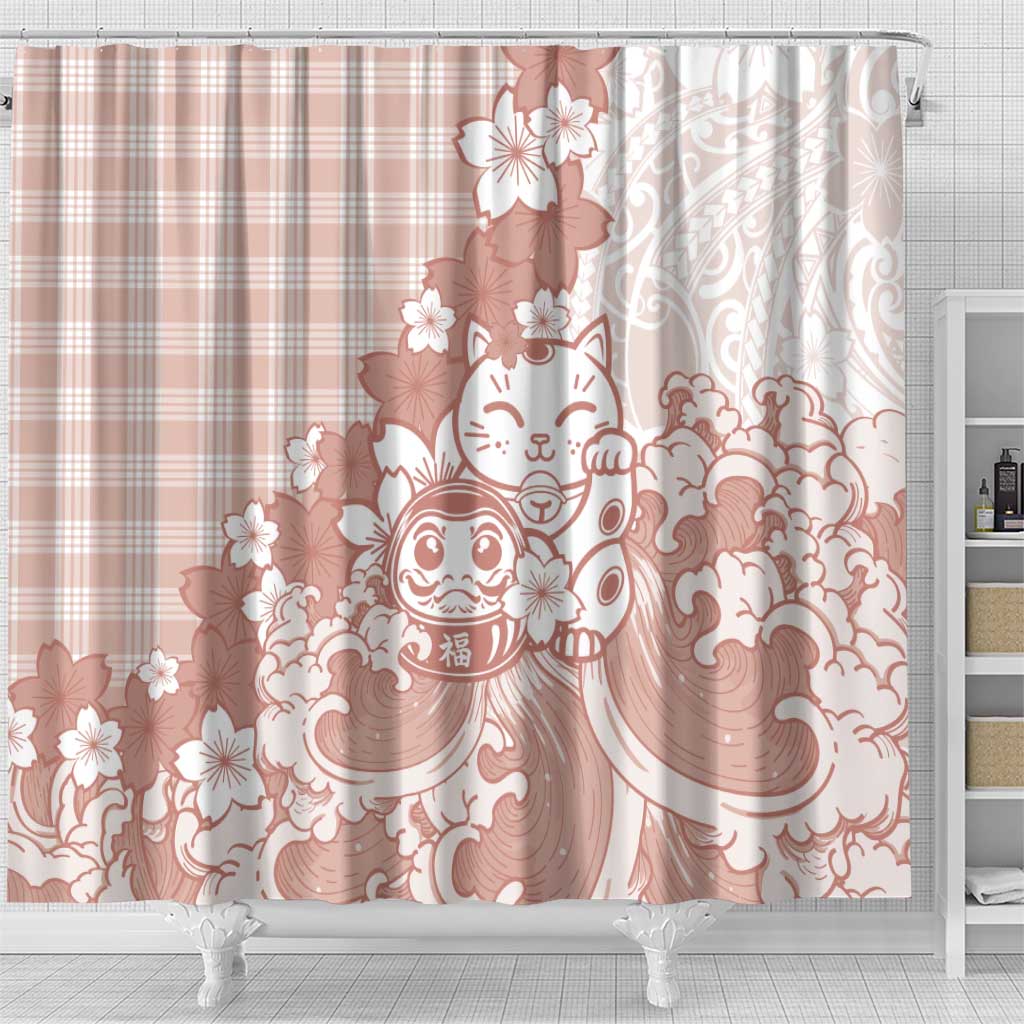 Beige Palaka Hawaiian And Japanese Shower Curtain Maneki Neko And Sakura Bloom