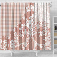 Beige Palaka Hawaiian And Japanese Shower Curtain Maneki Neko And Sakura Bloom