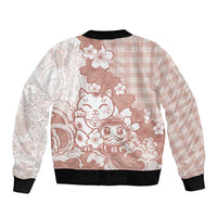 Beige Palaka Hawaiian And Japanese Sleeve Zip Bomber Jacket Maneki Neko And Sakura Bloom