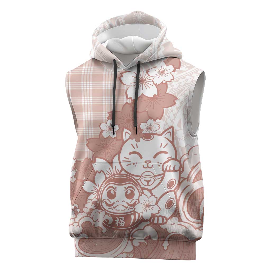 Beige Palaka Hawaiian And Japanese Sleeveless Hoodie Maneki Neko And Sakura Bloom DT05 Beige - Polynesian Pride