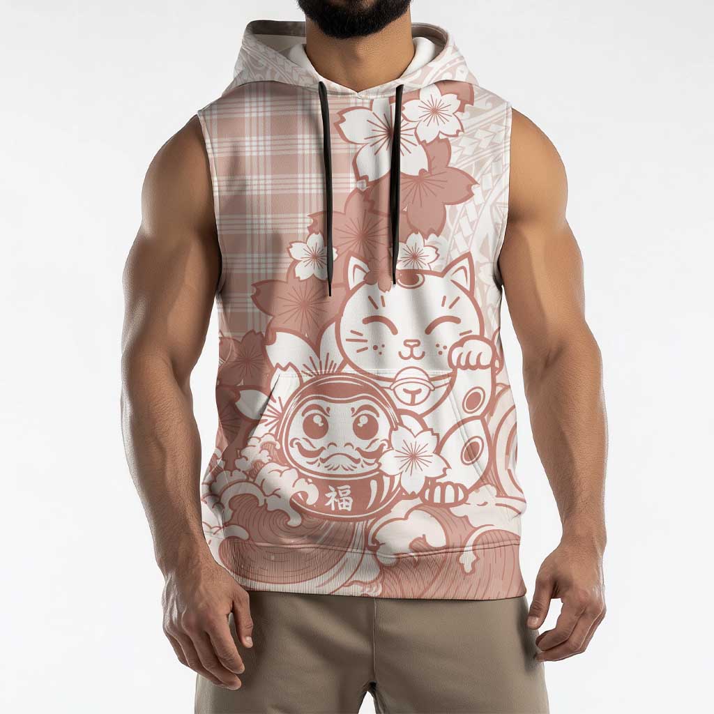Beige Palaka Hawaiian And Japanese Sleeveless Hoodie Maneki Neko And Sakura Bloom DT05 - Polynesian Pride
