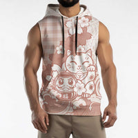 Beige Palaka Hawaiian And Japanese Sleeveless Hoodie Maneki Neko And Sakura Bloom DT05 - Polynesian Pride