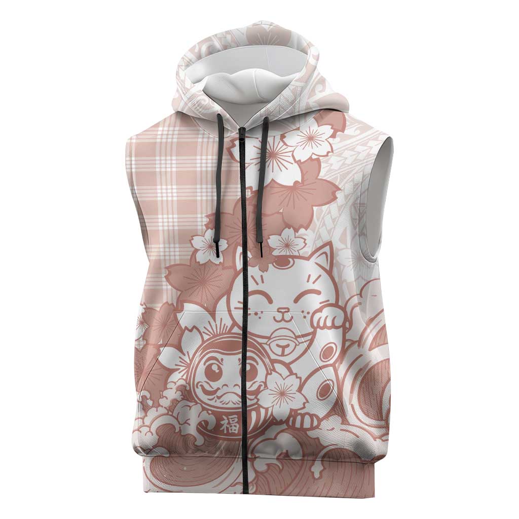 Beige Palaka Hawaiian And Japanese Sleeveless Zip Hoodie Maneki Neko And Sakura Bloom